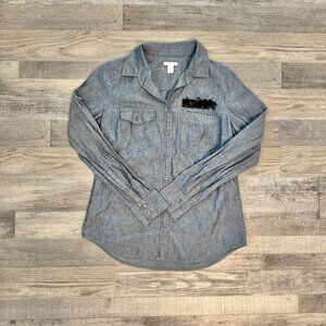 J. Crew Grey Long Sleeve Button Down Sequin Pocket Detail O31